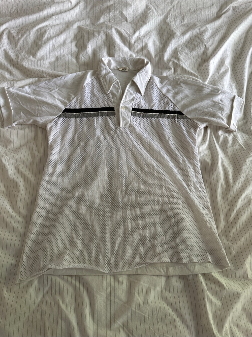 VTG 70s Paul Howard California Mesh Dagger Collar Shirt White Black Grey Stripe